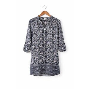 JACERA Women’s Blue White Geometric Print Blouse Size S Sheer Boho Tunic Top